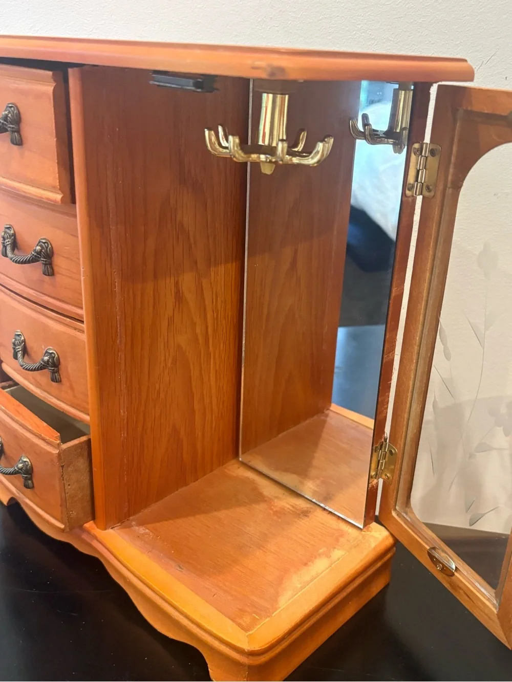Vintage Wooden Jewelry Box with Glass Door with Four Boxes